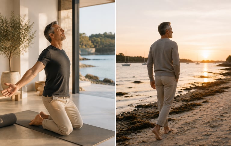 Homme 40+ en séance d'étirement thoracique sur tapis, et marche active sur la plage le long du golfe du Morbihan