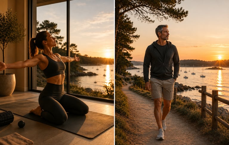 Mobilité thoracique et marche active en récupération au coucher du soleil face à la mer