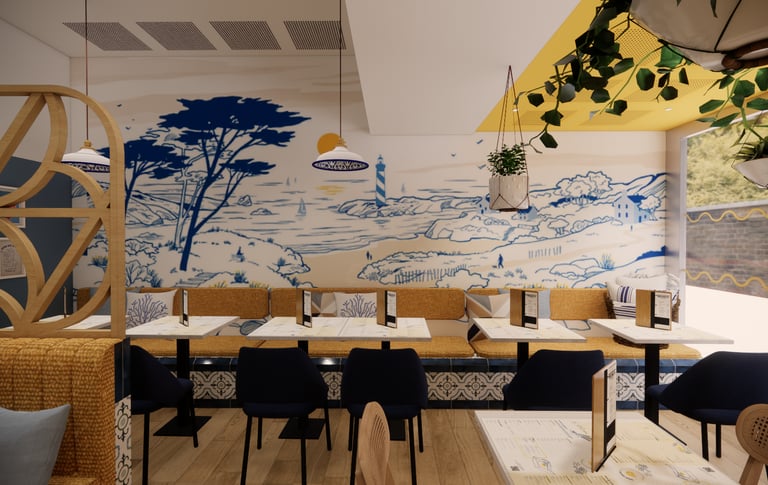 architecture commerciale, restaurant, crêperie, Bretagne, mamy, marque, fresque, bleu, jaune, bois