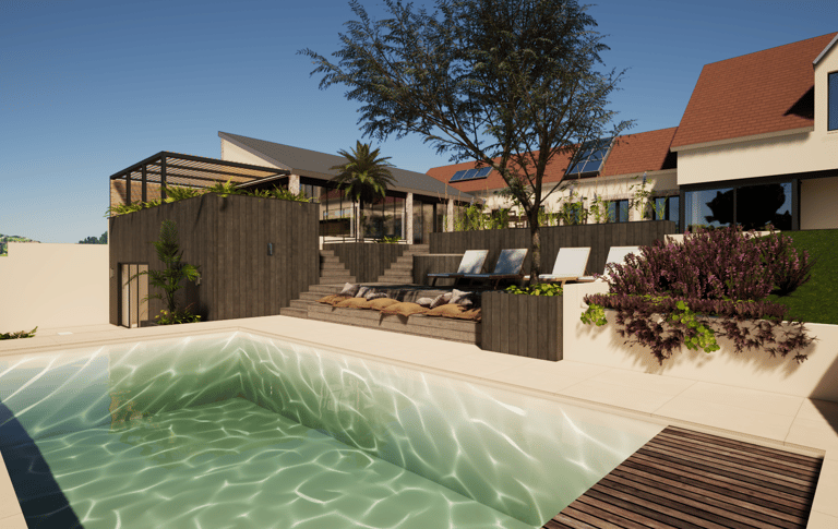 Piscine, terrasse, pool house, pergola, aménagement extérieur et paysager