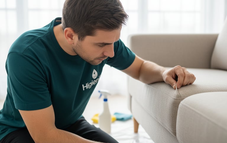 Técnico da Higienika procurando manchas e nódoas no sofá