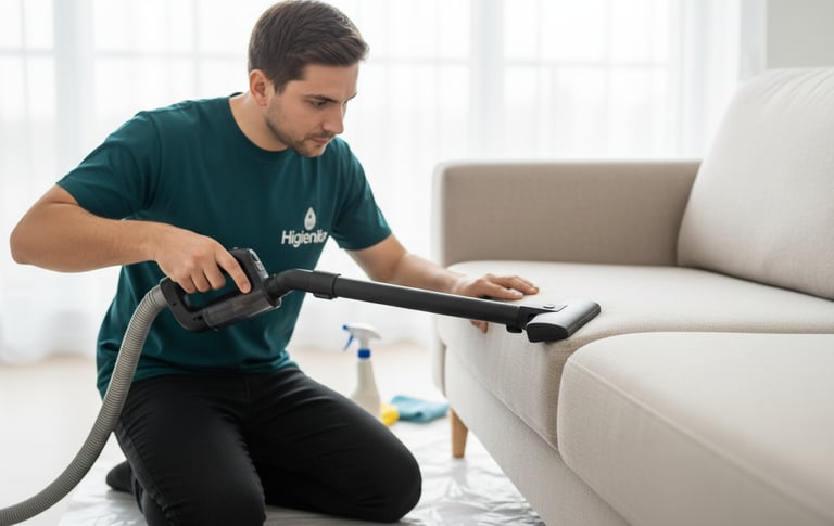 Técnico da Higienika aspirando sofá
