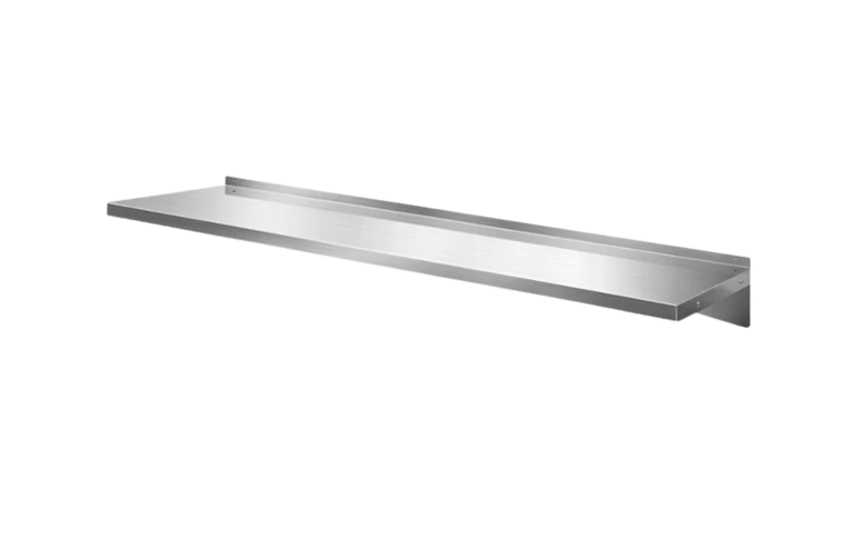 Durable prosumer grade stainless steel wall shelf for professional kitchen storage and organization.