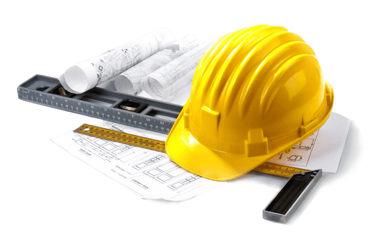 Yellow construction hard hat with blueprints, spirit level, and ruler for architecture and engineering.