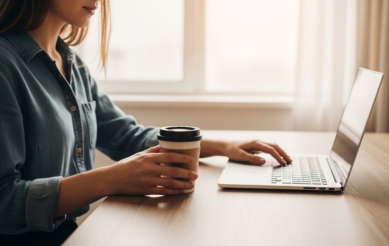 a woman sitting at a desk with a cup of coffee