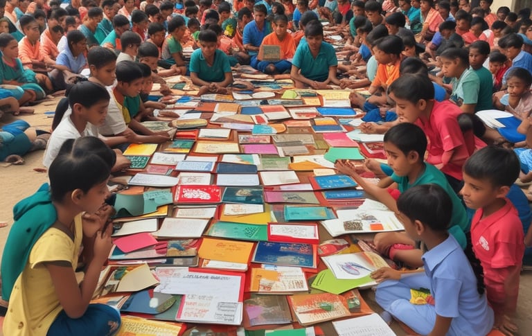Volunteers handing out school supplies to children in a small village.