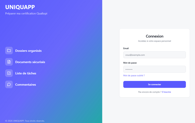 Présentation de l'application d'aide à la préparation de la certification Qualiopi UNIQUAPP