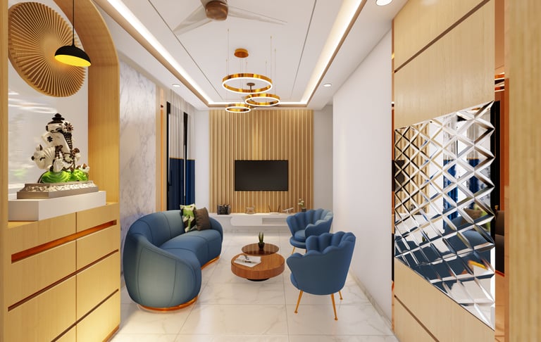 Living room interior design colours blue and golden royal look