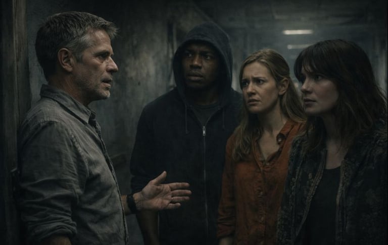 a group of people standing around a man in a hoodie