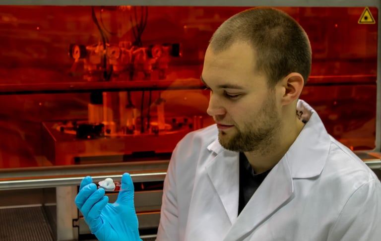 a man in a lab coat and gloves holding a 3D bioprinted nose model. Bioprinter in the background.