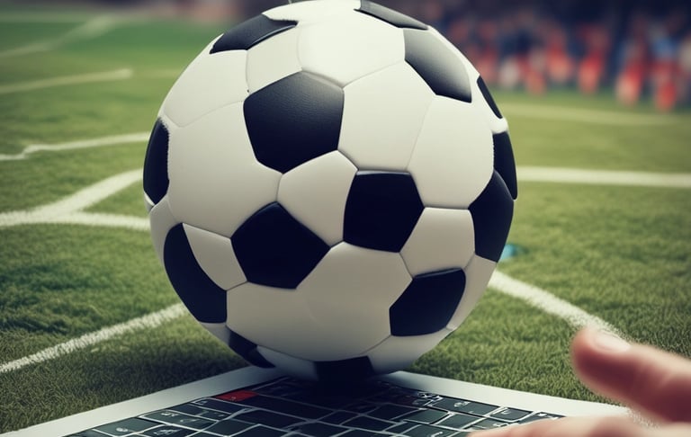 A football field with a focus on a goalpost surrounded by a chain-link fence. The ground appears frosty or covered with a thin layer of snow. The field is part of an outdoor sports facility with visible floodlights and buildings in the background. The foreground shows a blurry soccer ball, suggesting an overcast day with soft lighting.