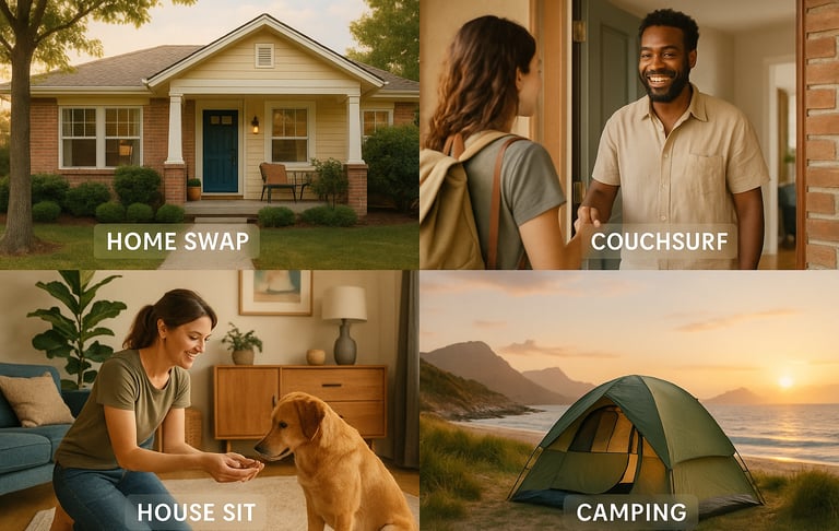 Alternative cheap accommodations including home swapping, Couchsurfing, house sitting, and camping for budget travelers