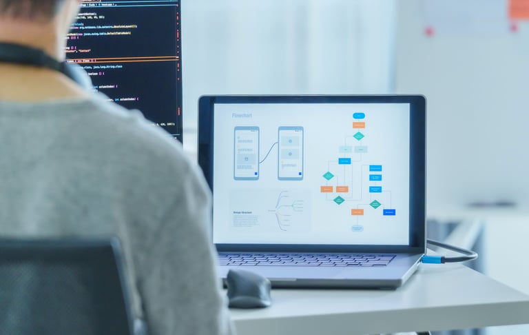 person working on sequence model with a laptop and computer monitor