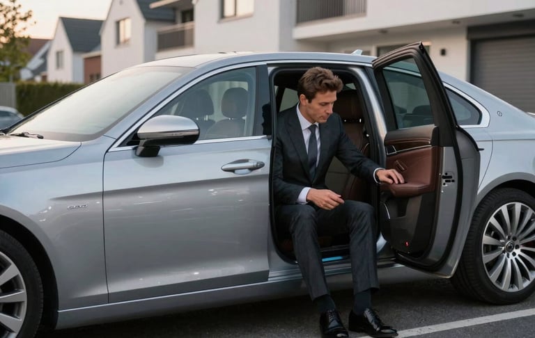A professional driver in a dark charcoal suit entering a premium silver executive sedan in a clean, modern Western European / Dutch residential street. The atmosphere is calm and professional, with soft morning light.