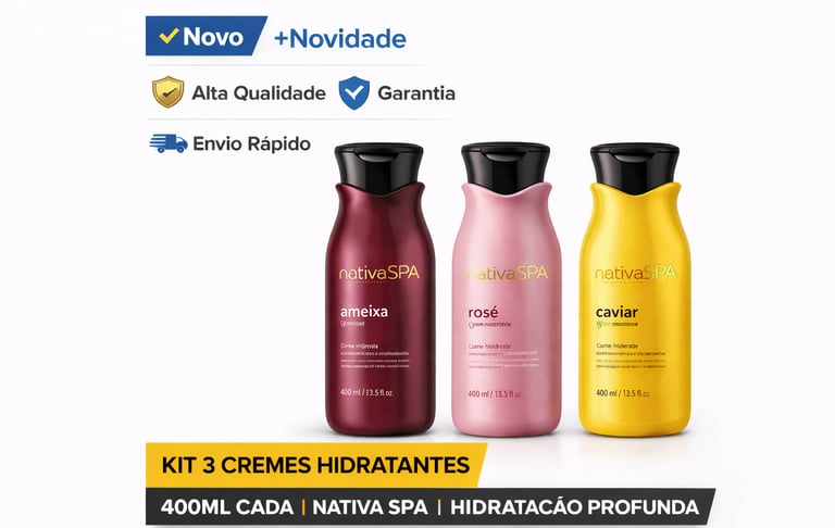 Kit de 3 cremes hidratantes Nativa SPA Ameixa, Rosé e Caviar de 400ml para hidratação profunda da pele.