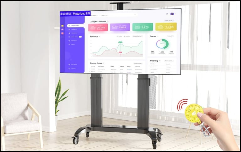 Stand soporte móvil con ruedas, con ascensor motorizado de altura ajustable de dos columnas