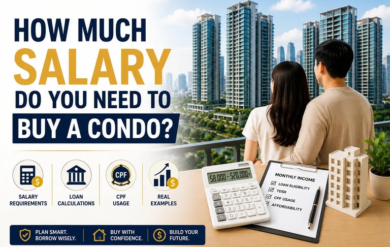 How much salary you need to buy a condo in Singapore infographic showing loan calculations and CPF usage.