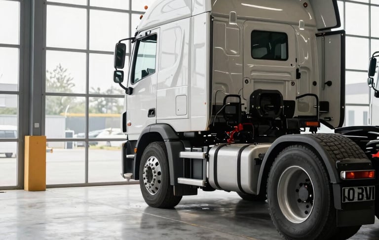 Wide showroom floor viewed from left side, a heavy-duty semi-truck tractor unit parked at right frame, daylight flooding through large industrial windows, concrete floor, scale evident, no people, clean studio-level lighting