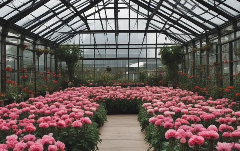 a woman holding a potted plant in a greenhouse