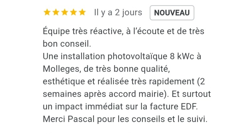 Avis Google 5 étoiles après une installation photovoltaïque de 8 kWc avec batterie réalisée à Mollégès