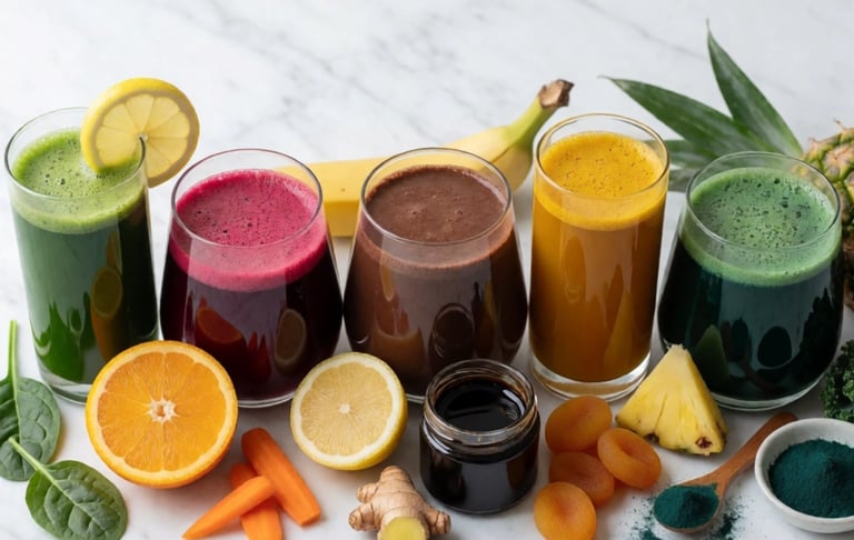 Assorted healthy fruit and vegetable smoothies in glasses with fresh ingredients on a marble surface.