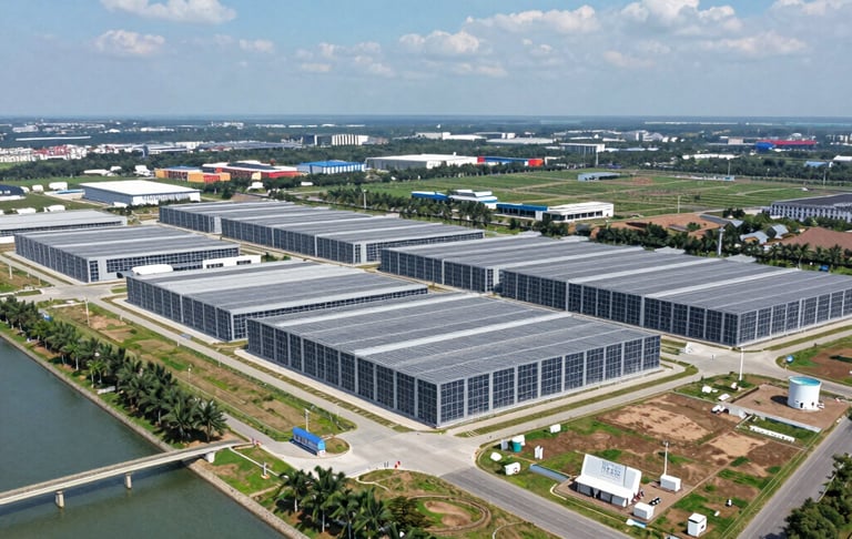 A serene landscape showing a wide, flat expanse of land under a bright sky, dotted with utility poles and fiber optic cables.