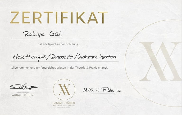Mesotherapie training certificate for Rabiye Gül from Laura Stüber Aesthetics and Cosmetics.