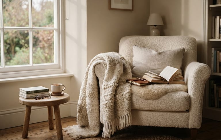 A cozy reading chair in a warm cream corner, a soft wool throw blanket draped over the side, gentle window shadows