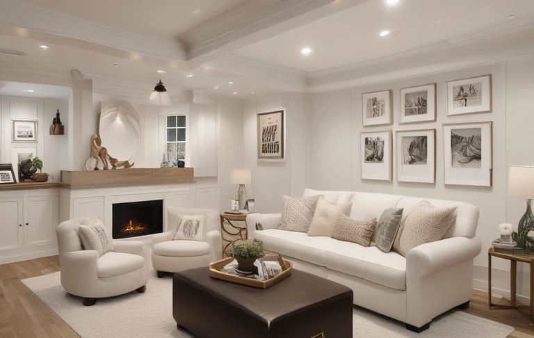 Finished basement with comfortable seating and soft lighting