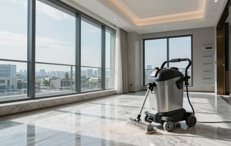 Interior of a newly built luxury apartment with large windows. The floor is sparkling mist white marble. Professional cleaning equipment is visible, and the scene is bright, showing the removal of fine dust and paint residue for a move-in ready look. Muted steel blue tones in the background.