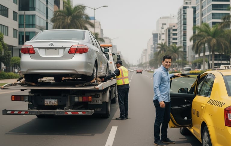 un hombre subiendo a un taxi despues de enviar su auto en una grua solucionando su problema