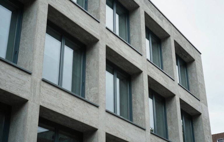 Close-up of a Swiss architectural facade in Zug, clean lines, concrete and dark glass, overcast morning light, soft shadows, editorial style