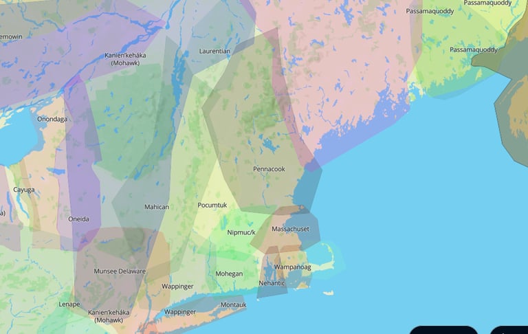 A map of the area of new england which does not show state lines, it shows native populations