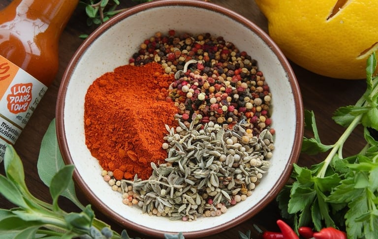 a bowl of spices and herbs on a table