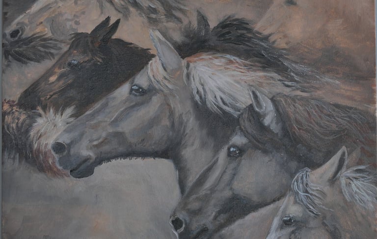 caballos al galope. homenaje a Rafael Lago oleo en panel.30x40cm