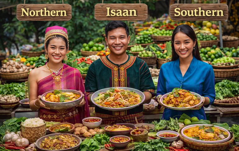 Three Thai vendors at a market present Northern, Isaan, and Southern dishes with fresh produce and regional flavors.
