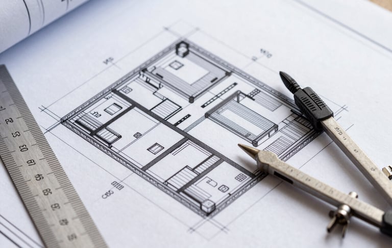 Close-up of architectural 2D/3D blueprints on a light table, precise technical lines, engineering details, ruler and compass, high contrast, sharp focus