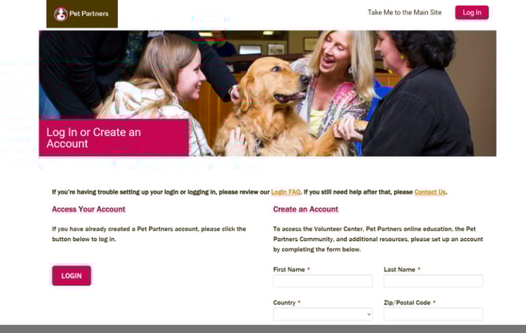 Screen shot of Pet Partners website page to create a free volunteer account.