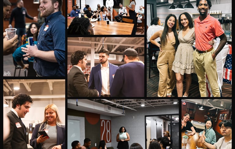 Attendees socializing at a Bridge City Connections mixer event in downtown Pittsburgh.