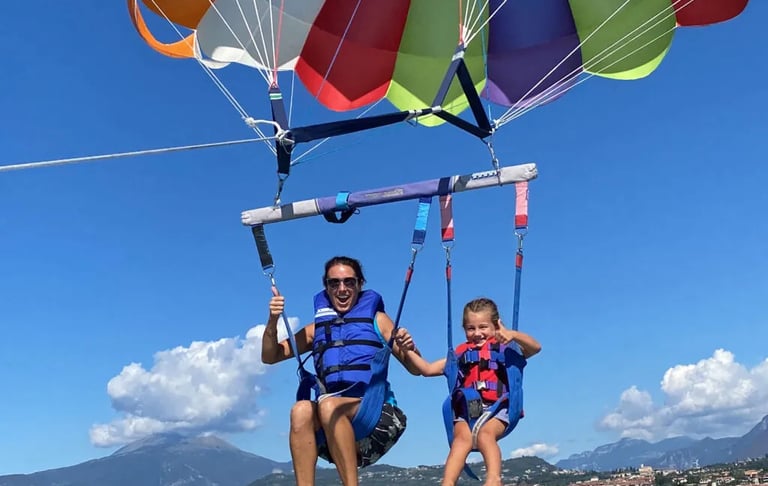 a women and a girl are parasailing in the water