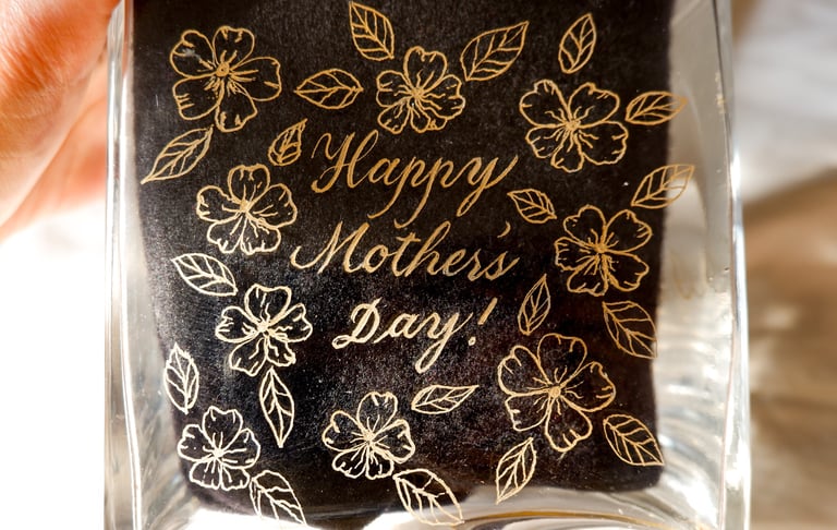 Hand engraved glass for Mothers' day by NYC engraver Handwritten by Belle.