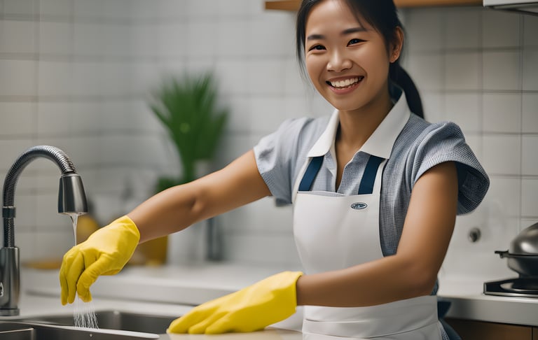 Domestic maid cleaning and doing household chores in modern home in Singapore