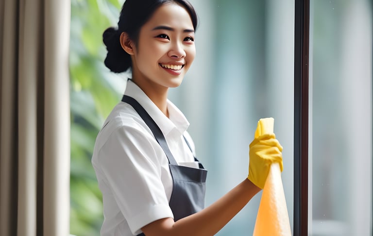 Domestic maid cleaning and doing household chores in modern home in Singapore