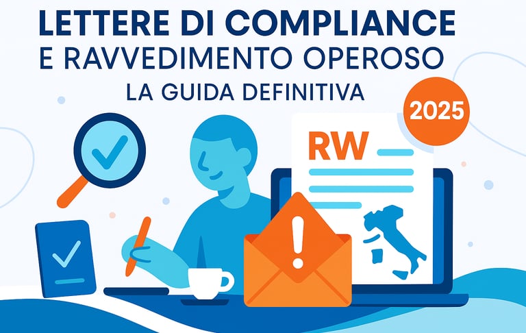 Illustrazione stile flat per articolo CAF Public sulla regolarizzazione del Quadro RW con lettere di compliance