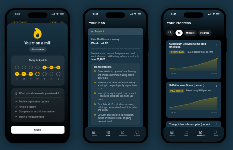 A mobile mental health app interface showing habit tracking, a personalized mindfulness plan, and progress charts.