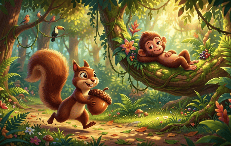 A cute cartoon squirrel holding an acorn running through a lush tropical jungle while a monkey rests on a tree branch.