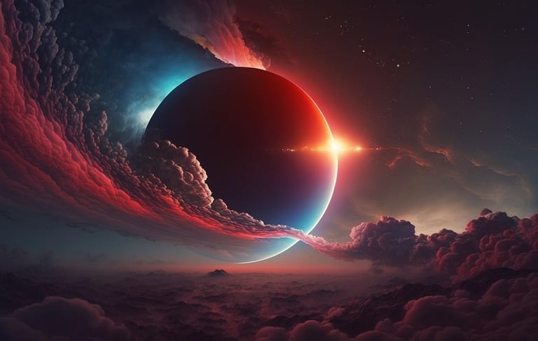 a planet with a bright red sun and a bright blue sky