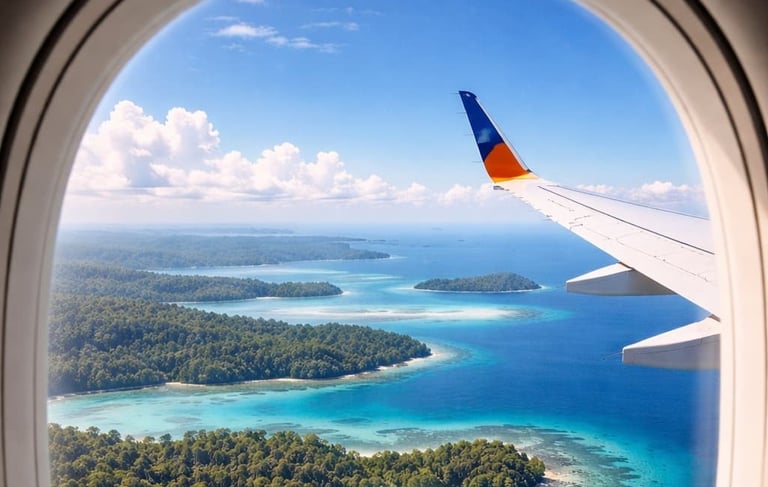 Aerial view of tropical islands and coral reefs seen from an airplane window during a flight.