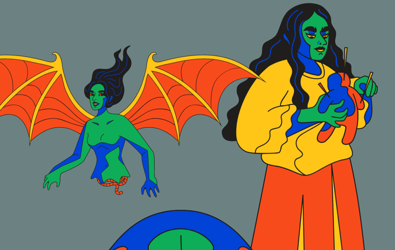 a woman in a red dress and a man in a red dress