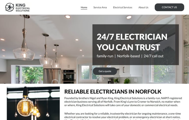 A screenshot of the homepage of King Electrical Solutions